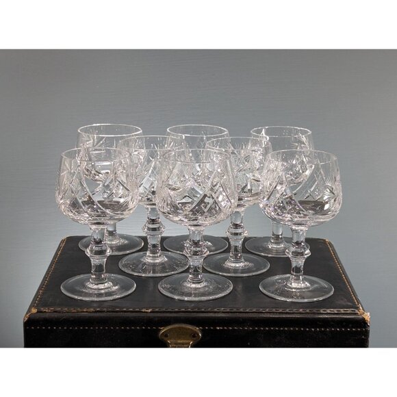 Set Of 8 Clear Pinwheel Crystal Wine Goblets, Bohemian European hand cut crystal - Picture 9 of 10